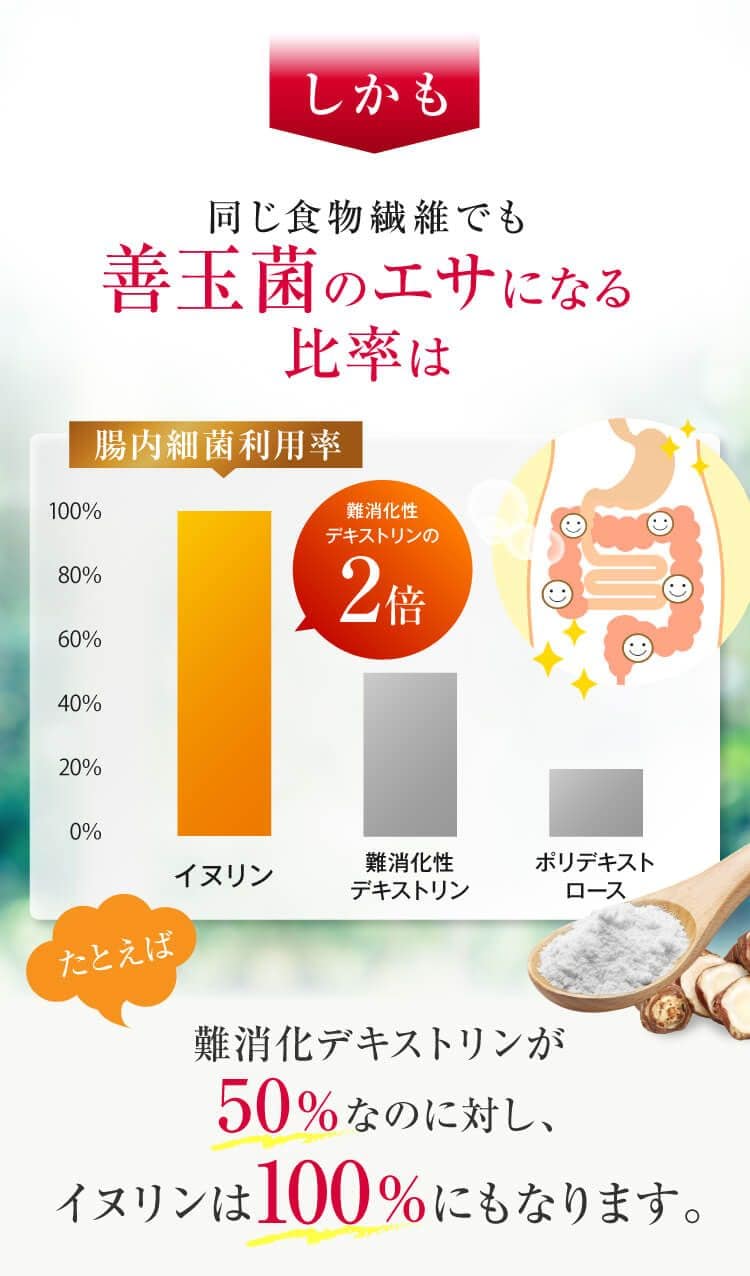 しかも同じ食物繊維でも善玉菌のエサになる比率は難消化デキストリンが50%なのに対し、イヌリンは100%にもなります。