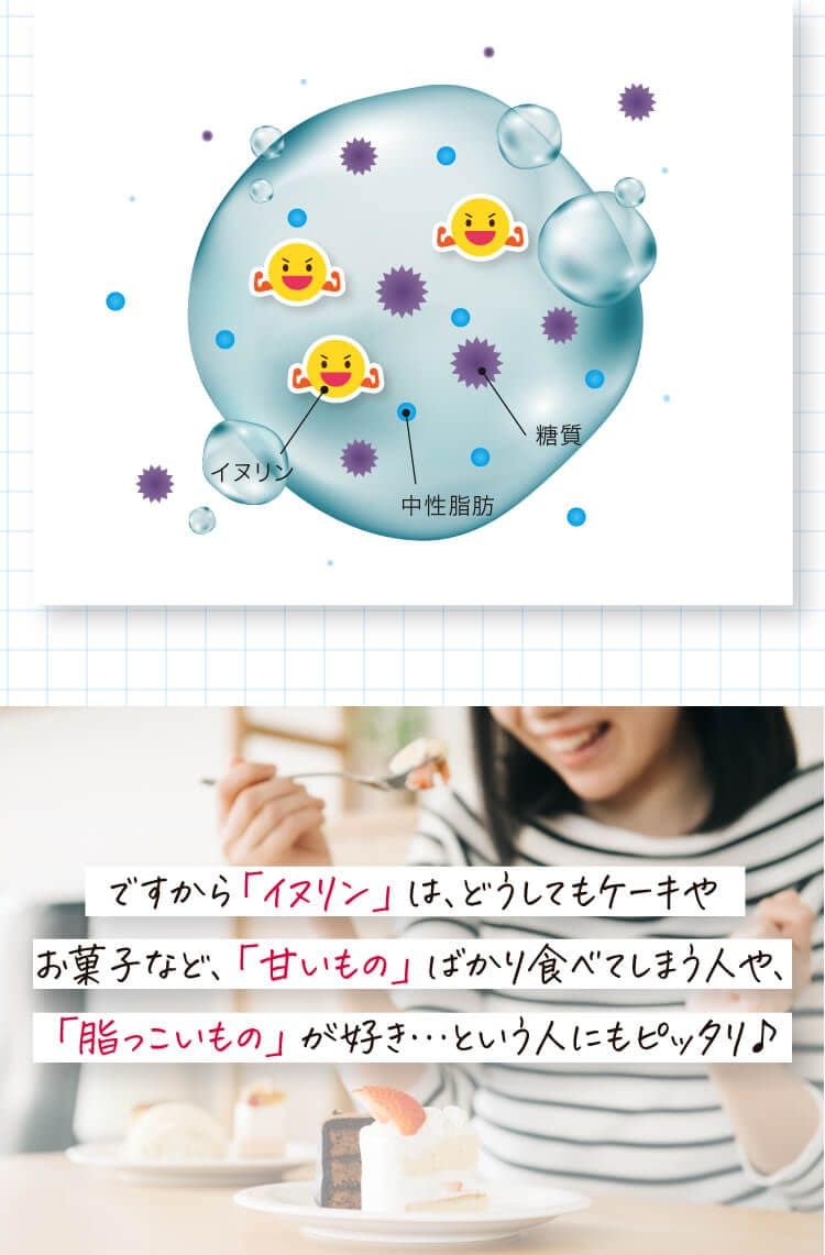 ですから「イヌリン」は、どうしてもケーキやお菓子など、「甘いもの」ばかり食べてしまう人や、「脂っこいもの」が好き・･・という人にもピッタリ♪