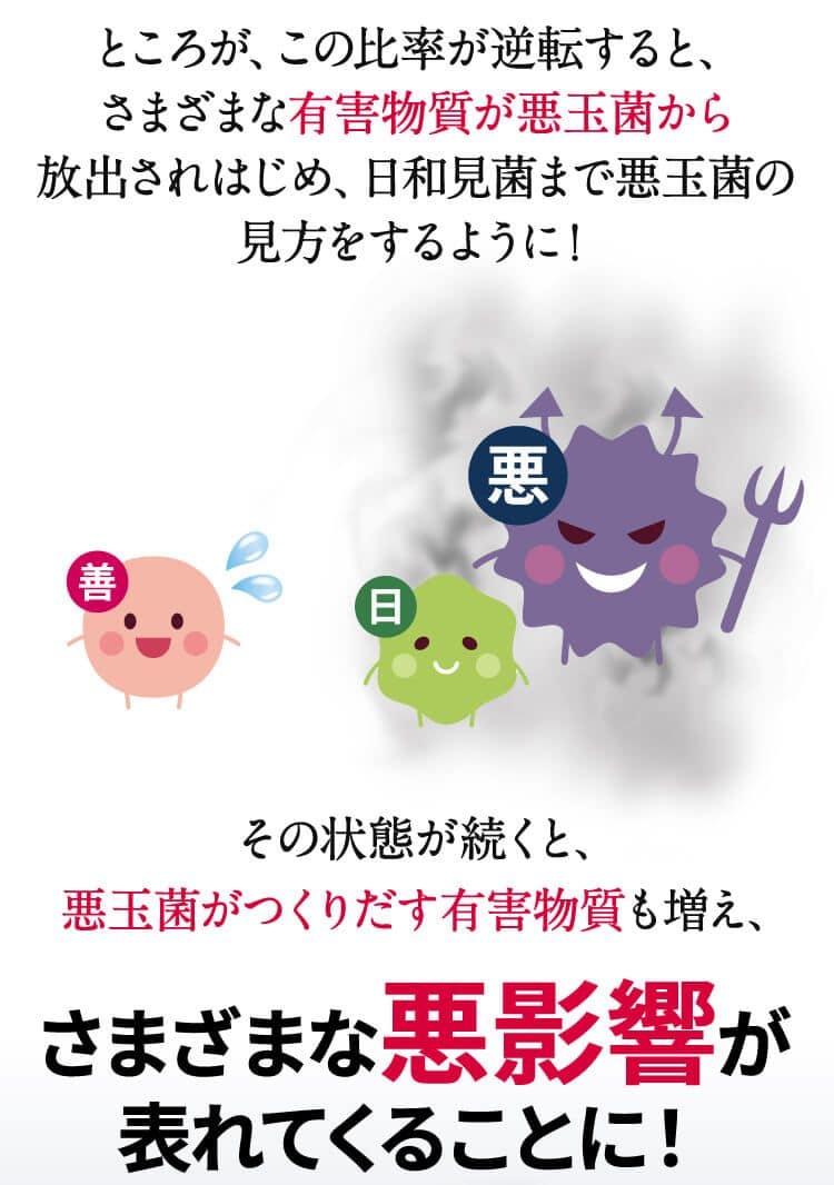 ところが、この比率が逆転すると、さまざまな有害物質が悪玉菌から放出されはじめ、日和見菌まで悪玉菌の見方をするように!その状態が続くと、悪玉菌がつくりだす有害物質も増え、さまざまな悪影響が表れてくることに!