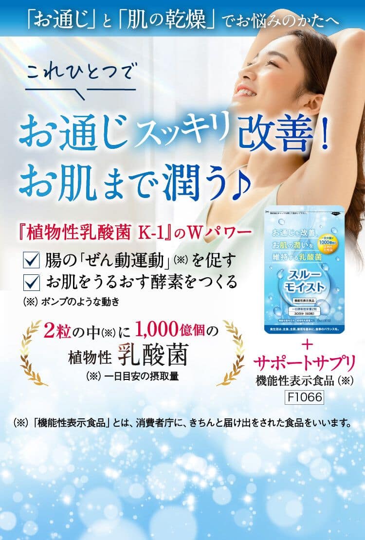 「お通じ」 と 「肌の乾燥」でお悩みのかたへ これひとつでお通じスッキリ改善!お肌まで潤う♪ 「植物性乳酸菌 K-1』 のWパワー ✓ 腸の「ぜん動運動」 (※) を促す ✓ お肌をうるおす酵素をつくる (※) ポンプのような動き 2粒の中(※) に 1,000億個の植物性乳酸菌(※) 一日目安の摂取量お通じを改善。
